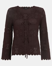 Crochet Tie Front Cardigan , Brown (BROWN), large