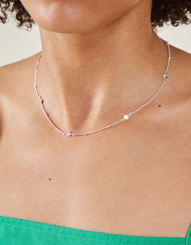 Sterling Silver-Plated Star Station Necklace, , large