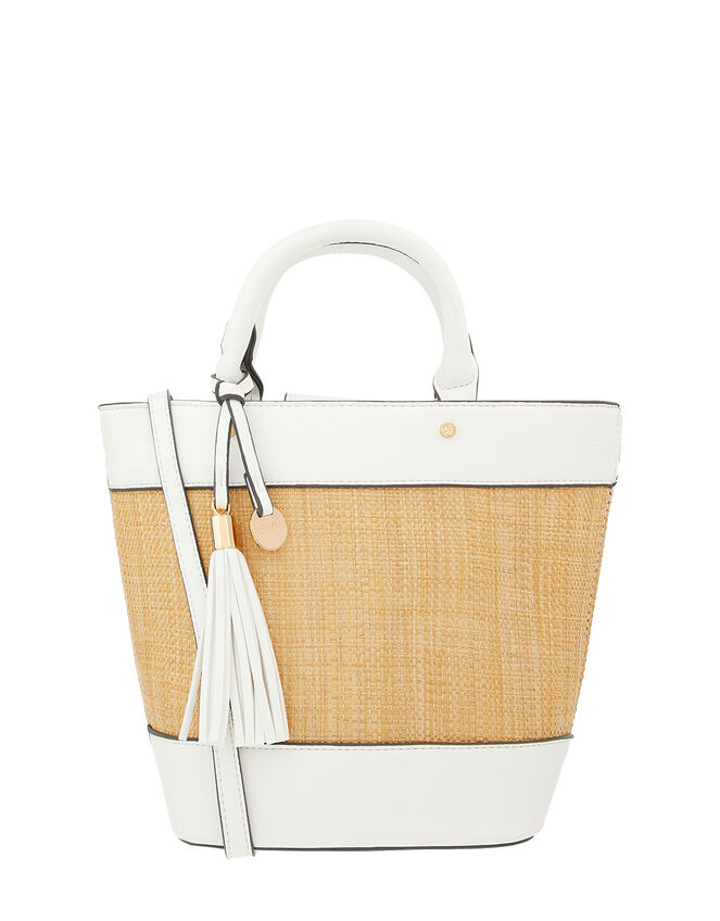 Raffia Stripe Shopper Bag, White (WHITE), large