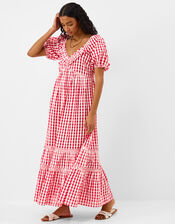 Gingham Print Puff Sleeve Maxi Dress, Red (RED), large