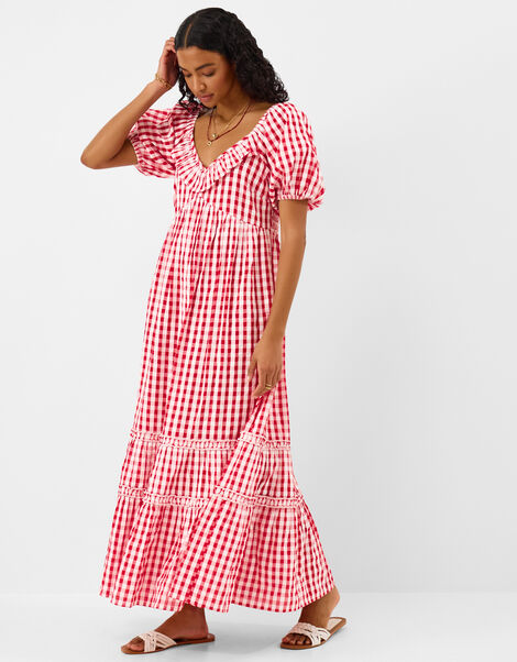 Gingham Print Puff Sleeve Maxi Dress, Red (RED), large