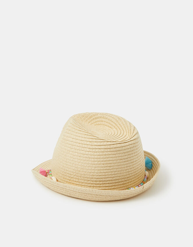 Girls Beaded Trim Straw Hat, Natural (NATURAL), large