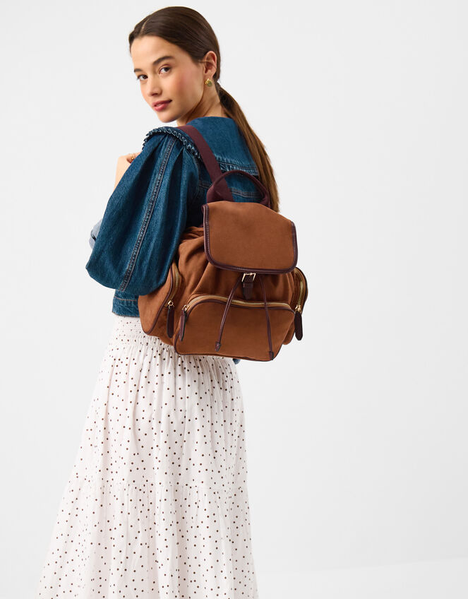 Multi-Pocket Faux Suede Backpack, , large