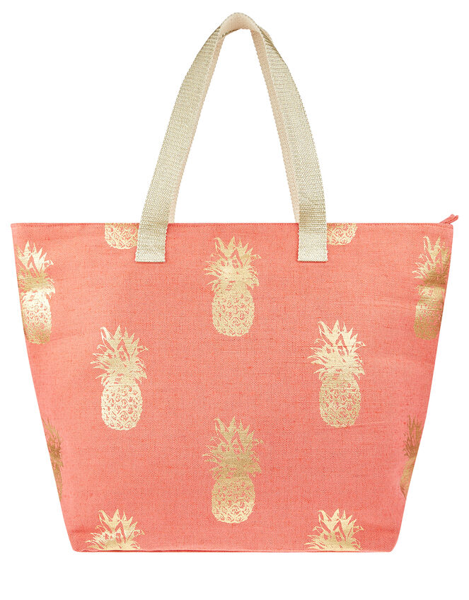 Metallic Pineapple Print Tote Bag, Orange (CORAL), large