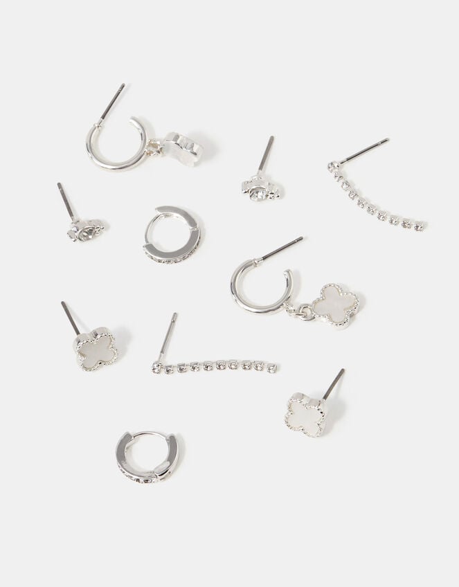 5-Pack Pearl Clover Stud & Hoop Earrings, Silver (SILVER), large