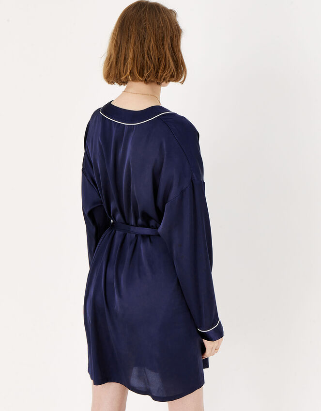 Piping Detail Satin Robe , Blue (NAVY), large