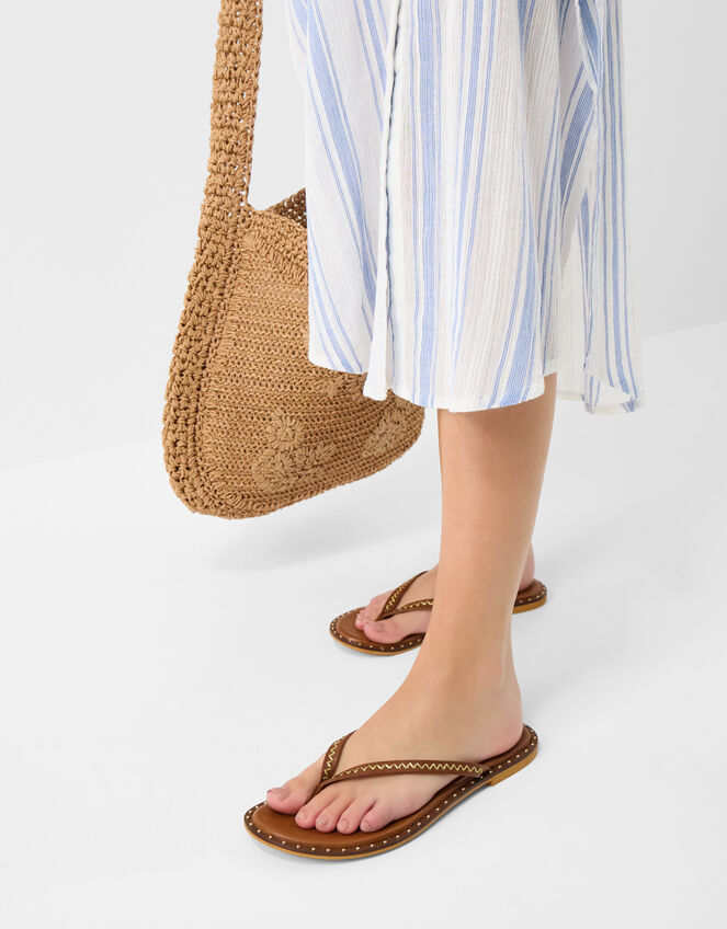 Stud Leather Flip Flops, Tan (TAN), large