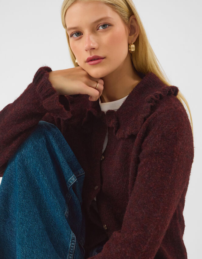 Ruffle Collar Cardigan, Brown (CHOCOLATE), large