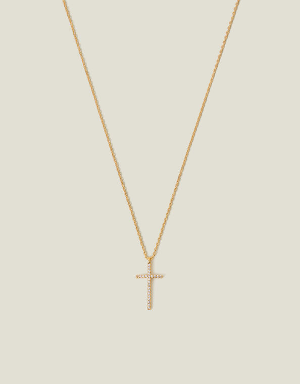 14ct Gold-Plated Sparkle Cross Pendant Necklace, , large