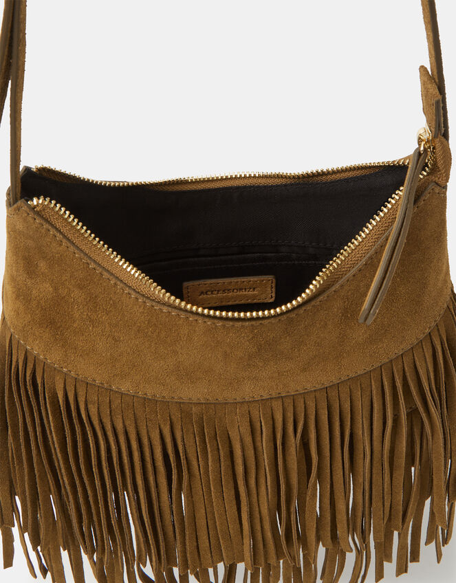 Fringe Suede Crossbody Bag, Tan (TAN), large