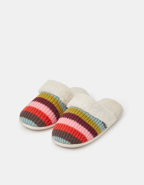 Rainbow Stripe Faux Fur Lined Slippers, Multi (BRIGHTS MULTI), large
