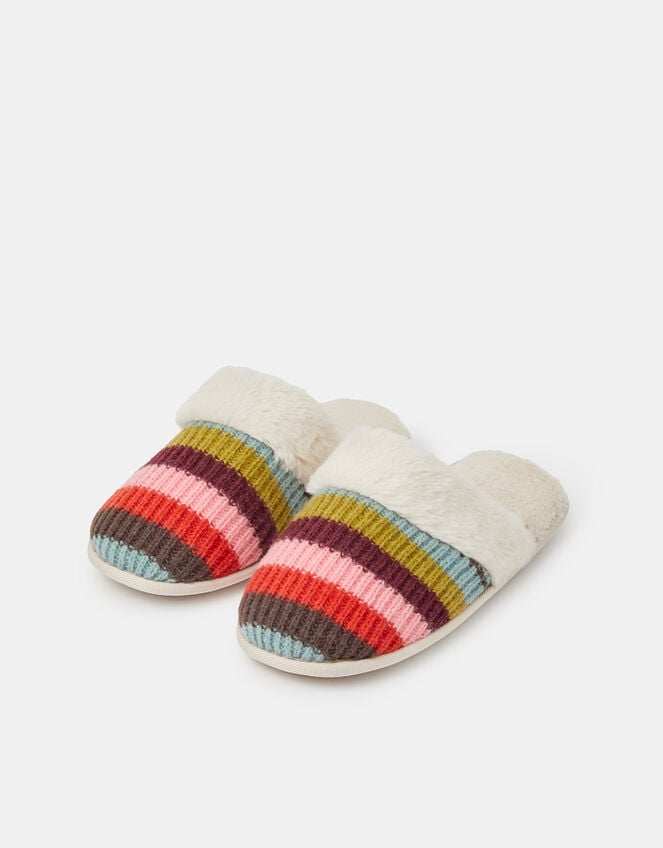 Rainbow Stripe Faux Fur Lined Slippers, Multi (BRIGHTS MULTI), large