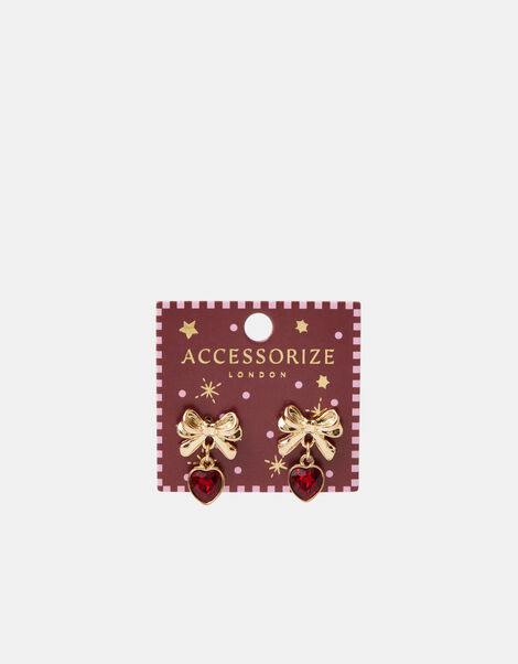 Bow Gem Heart Drop Earrings, , large