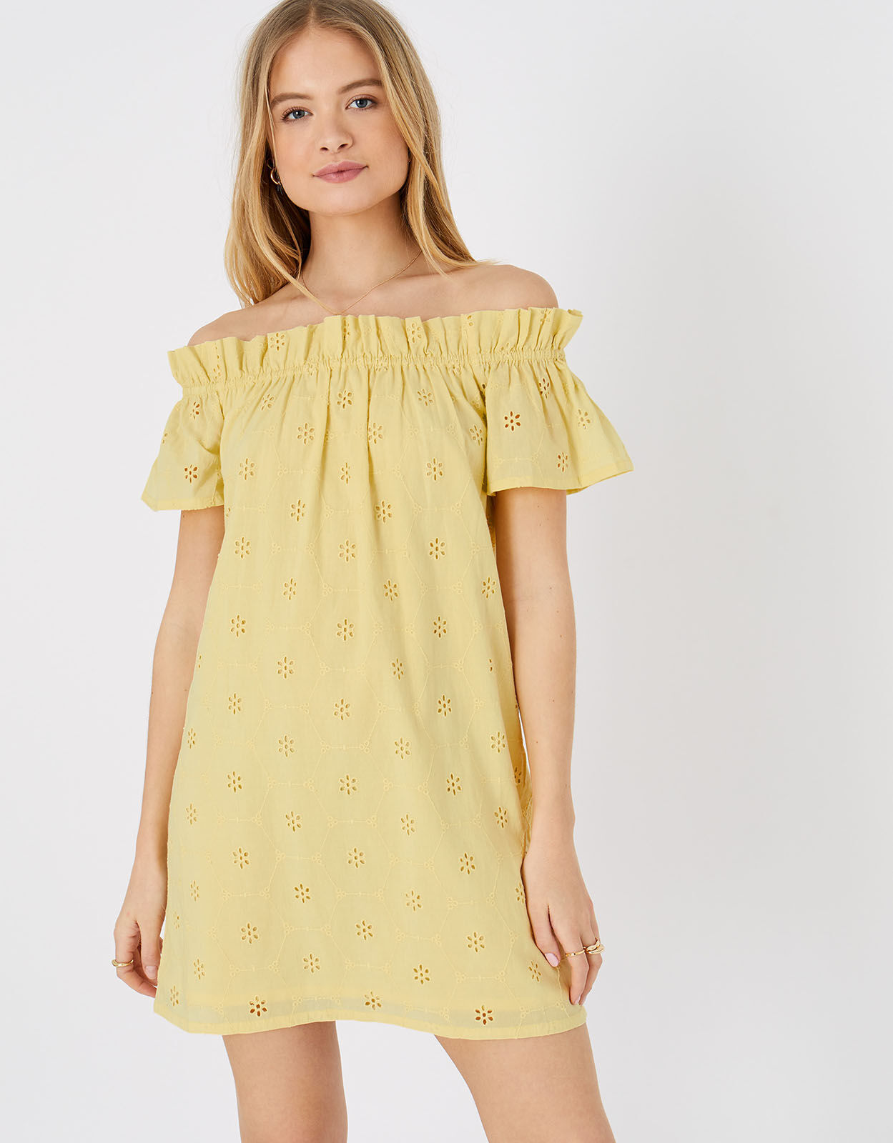Schiffli Bardot Dress in Organic Cotton Yellow