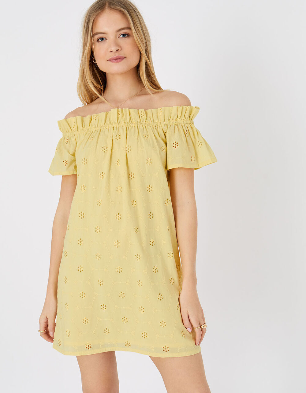 Schiffli Bardot Dress in Organic Cotton Yellow Beach holiday dresses