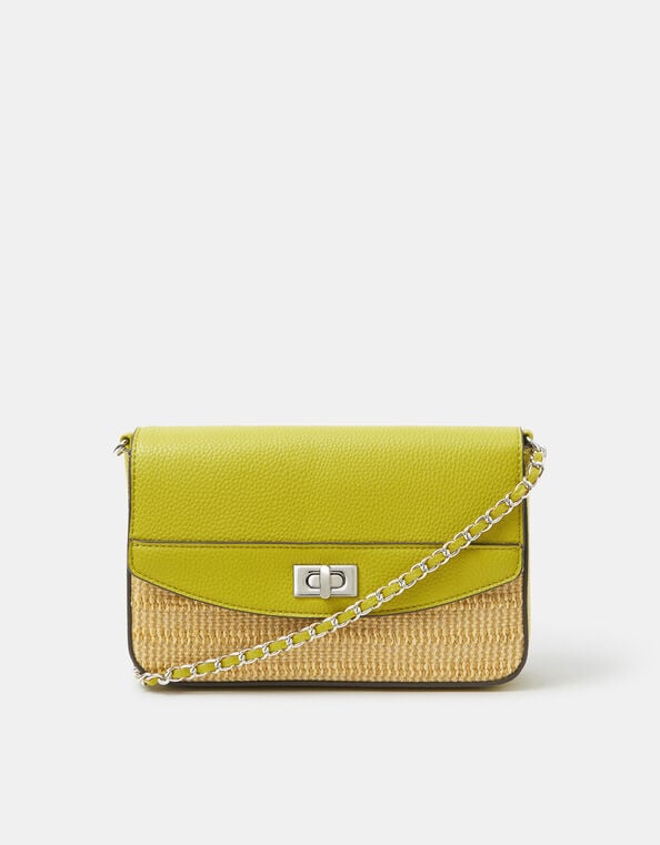 Twistlock Raffia Crossbody Bag, Green (LIME), large