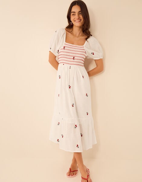 Puff Sleeve Cherry Embroidered Midi Dress, White (WHITE), large