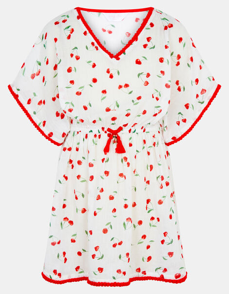 Girls Cherry Print Kaftan, White (WHITE), large