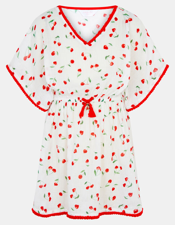 Girls Cherry Print Kaftan, White (WHITE), large