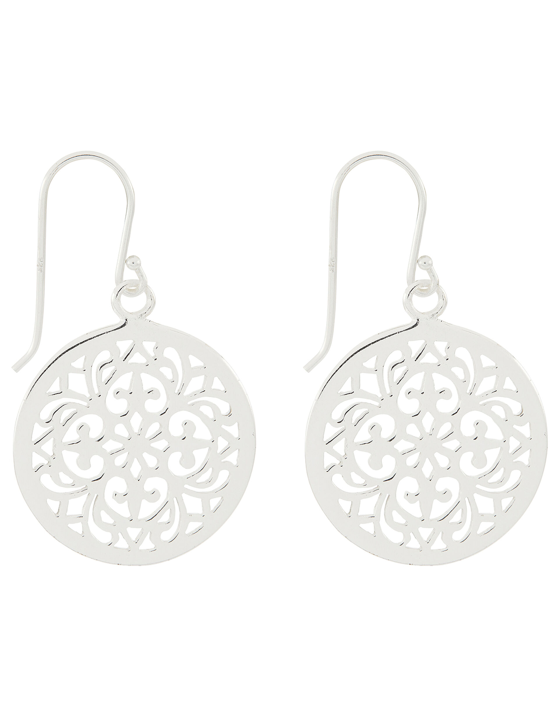 Sterling Silver Filigree Disc Drop Earrings, , large
