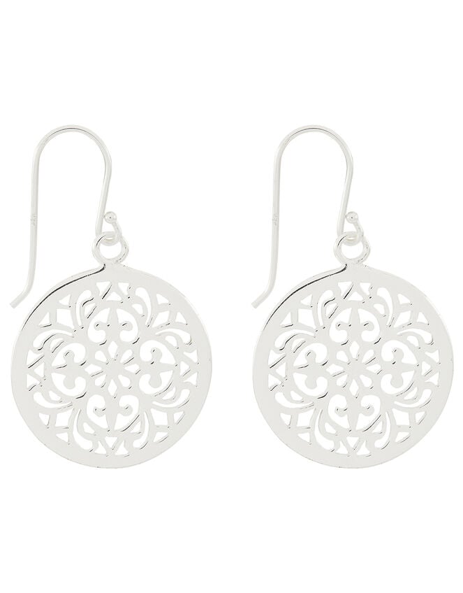 Sterling Silver Filigree Disc Drop Earrings, , large