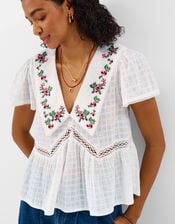 Floral Embroidered Collar Blouse, Ivory (IVORY), large