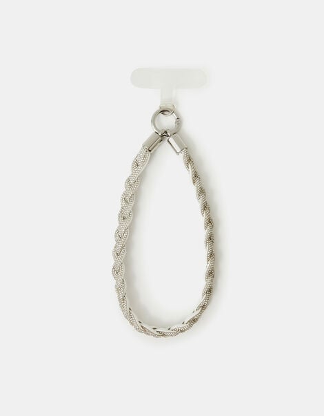 Braided Diamant&eacute; Wrist Phone Strap, Silver (SILVER), large