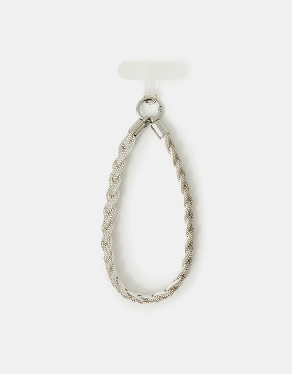 Braided Diamant&eacute; Wrist Phone Strap, Silver (SILVER), large