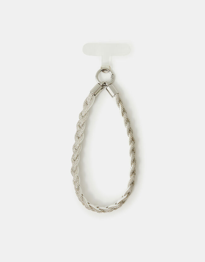 Braided Diamant&eacute; Wrist Phone Strap, Silver (SILVER), large