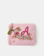Girls Embroidered Sausage Dog Initial Velvet Pouch, Pink (PINK), large