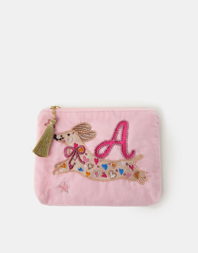 Girls Embroidered Sausage Dog Initial Velvet Pouch, Pink (PINK), large