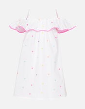 Kids Heart Embroidered Bardot Dress , White (WHITE), large