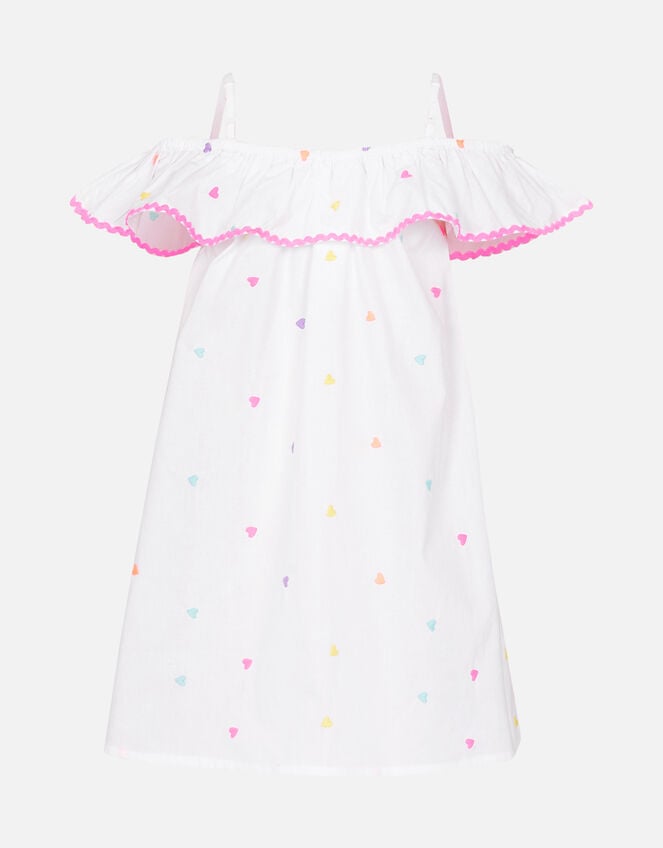 Kids Heart Embroidered Bardot Dress , White (WHITE), large
