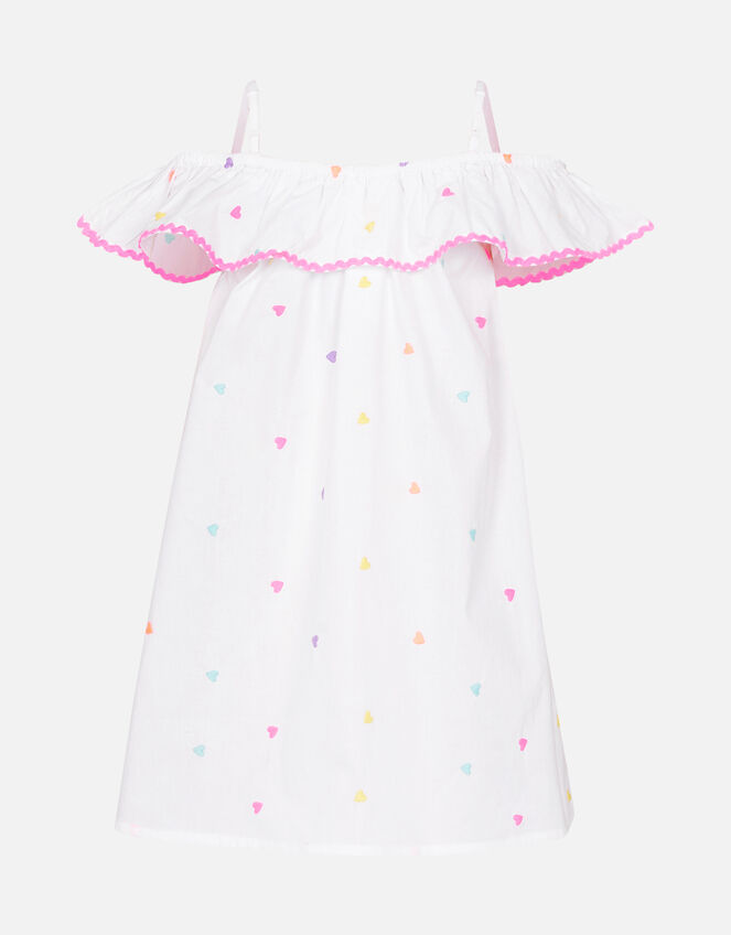 Kids Heart Embroidered Bardot Dress , White (WHITE), large