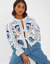 Embroidered Tie-Front Jacket, White (WHITE), large