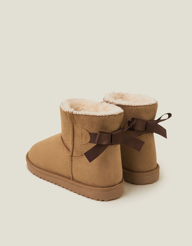 Bow Faux Fur-Lined Suedette Boots, Tan (TAN), large