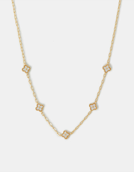 14ct Gold-Plated Mother of Pearl Clover Station Necklace, , large
