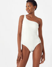 Ribbed One Shoulder Swimsuit, White (WHITE), large