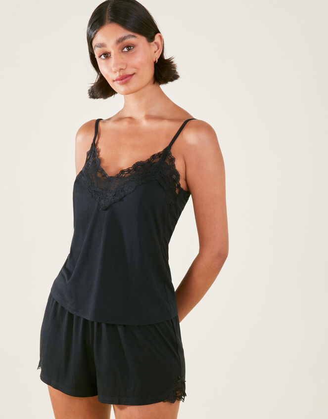 Lace Trim Short Pyjamas Set, Black (BLACK), large