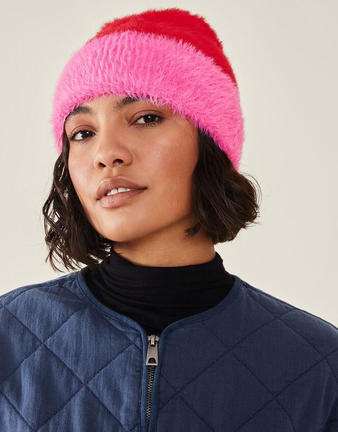 Colour Block Fuzzy Beanie Hat, , large