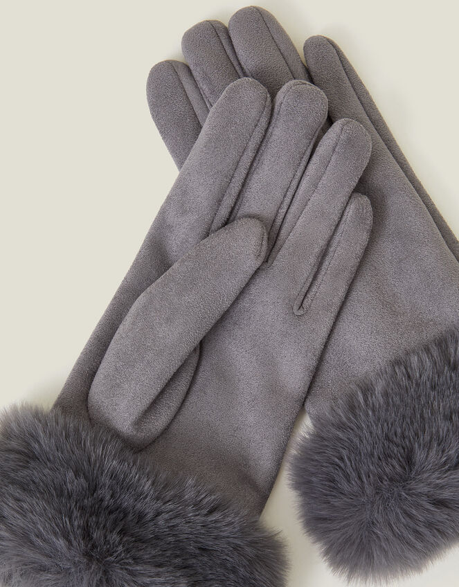Suedette Faux Fur Cuff Gloves, Grey (GREY), large