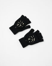 Pearl and Crystal Capped Knit Gloves, Black (BLACK), large