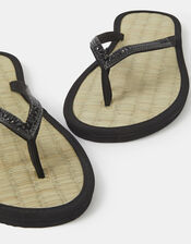 Rhinestone Seagrass Flip Flops, Black (BLACK), large