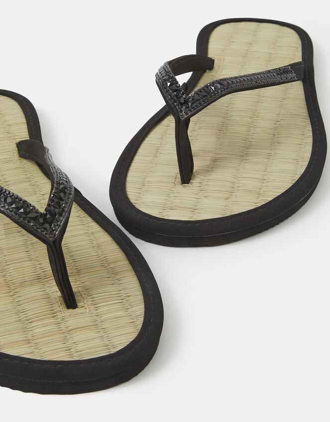 Rhinestone Seagrass Flip Flops, Black (BLACK), large