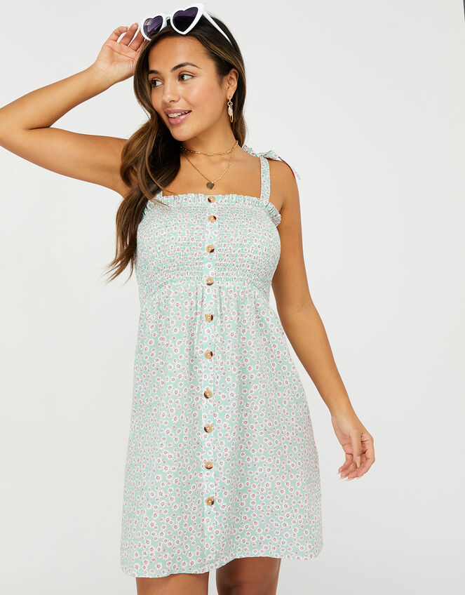 Daisy Print Button Dress, Blue (AQUA), large