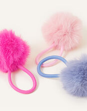 Girls Fluffy Pom Pom Hair Bands Set of Three, , large