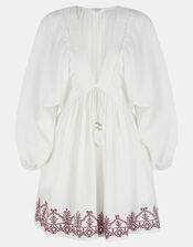 Embroidered Beach Cover Up Mini Dress, Ivory (IVORY), large