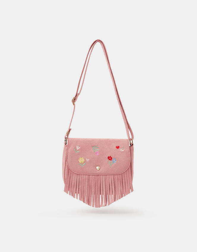 Girls Floral Embroidered Fringe Crossbody Bag, , large