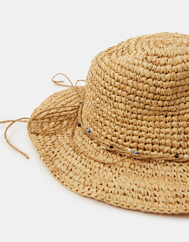 Beaded Trim Woven Hat, , large