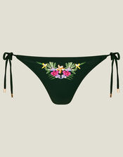 Embroidered Flower Tie Bikini Bottoms, Green (DARK GREEN), large